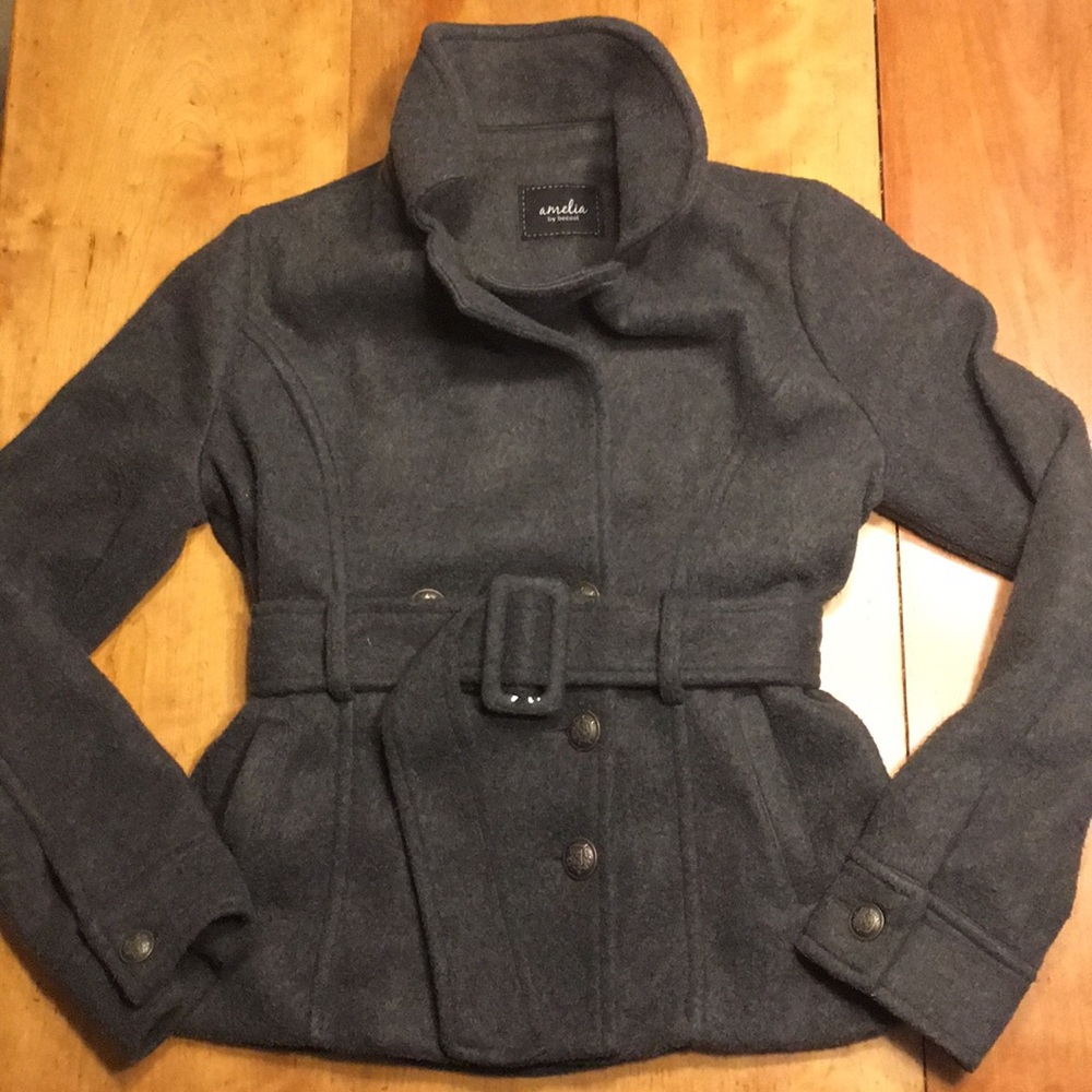 Grey, belted pea coat